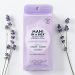 Voesh Mani in a Box Deluxe 3 Step Lavender Relieve manicure set, styled with lavender sprigs on a white background.