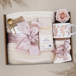 Cherry Blossom blanket gift box by Wildflower Pop with knit blanket, mug, tea and chocolate