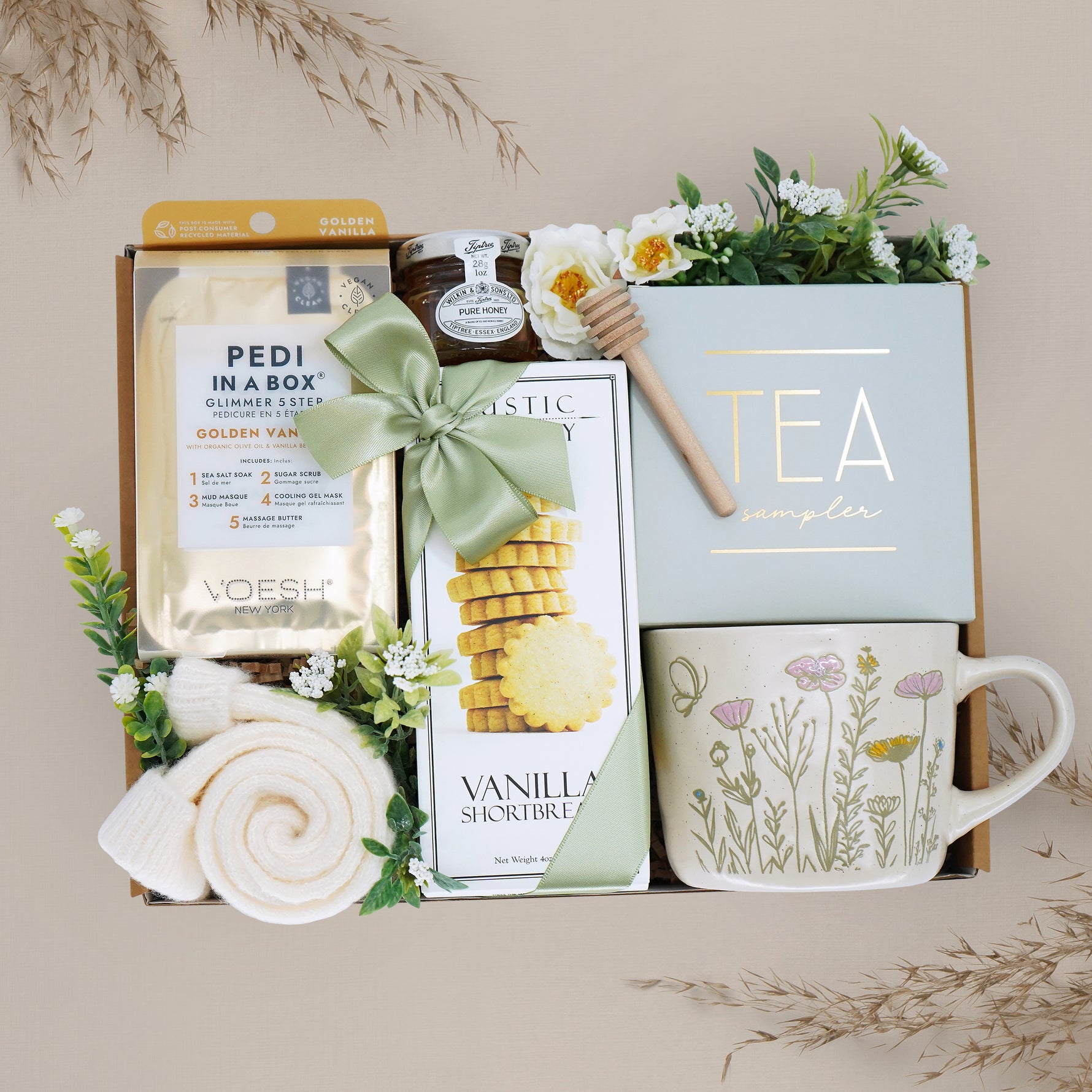 Wildflower Pop Cup of Flowers Mug Box with tea sampler, cookies, mug, socks, pedi in a box, mini honey and dipper