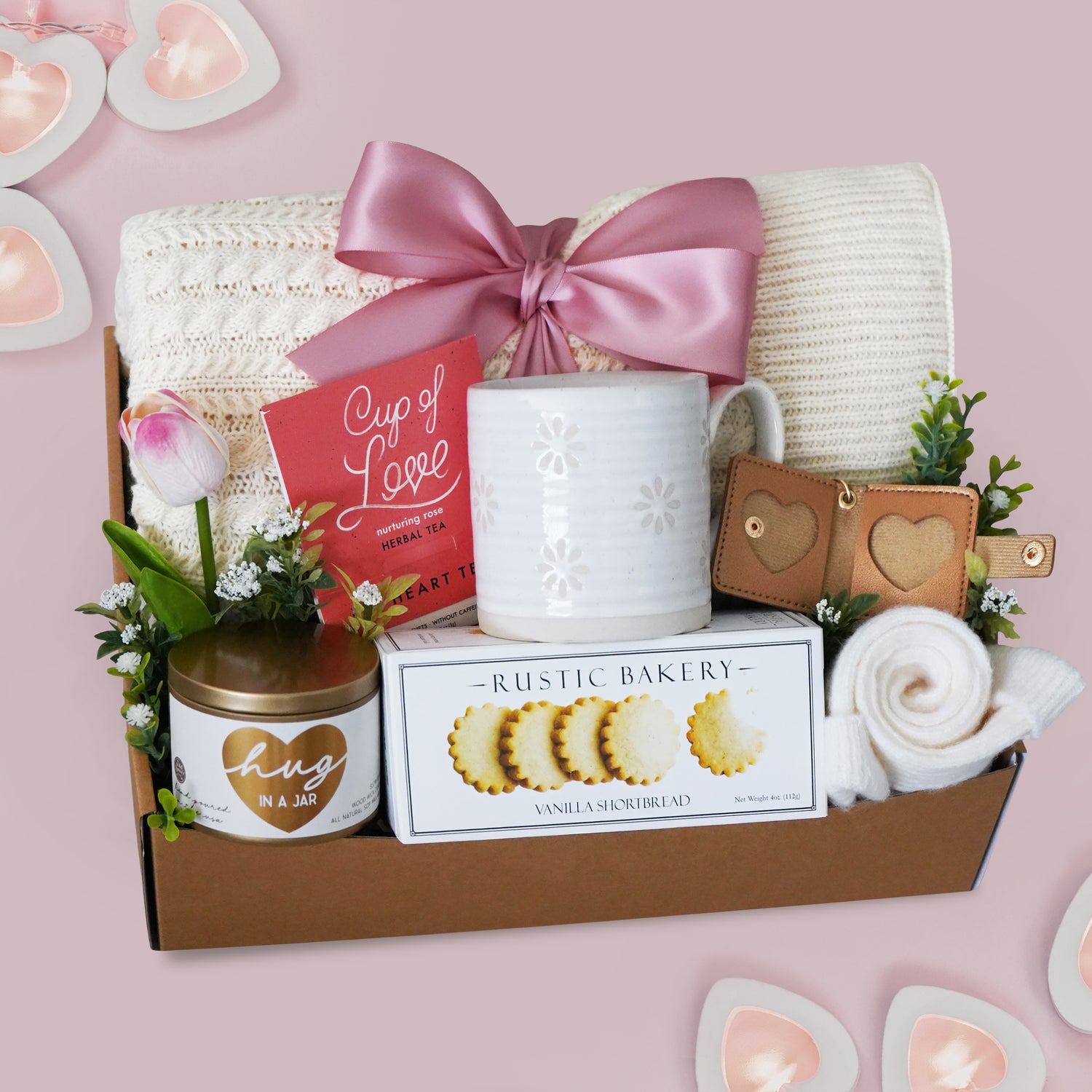 Cup of Love Blanket Gift Box with cream cable knit blanket, daisy mug, candle, tea sampler and cookies by Wildflower Pop