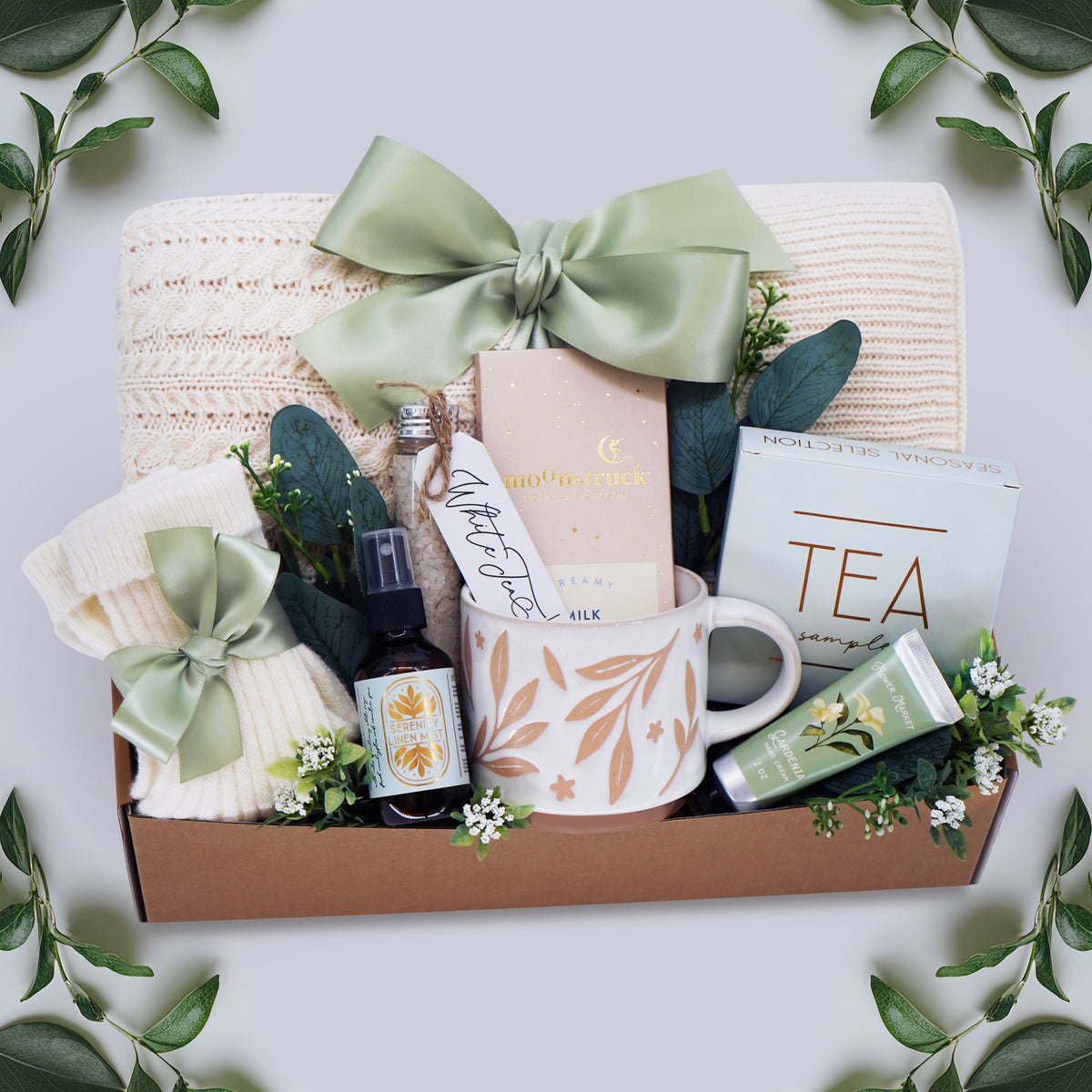 Sweet Sage Garden blanket gift box with cable knit throw, bath salts, tea and chocolate