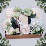 Sweet Sage Garden blanket gift box with cable knit throw, bath salts, tea and chocolate