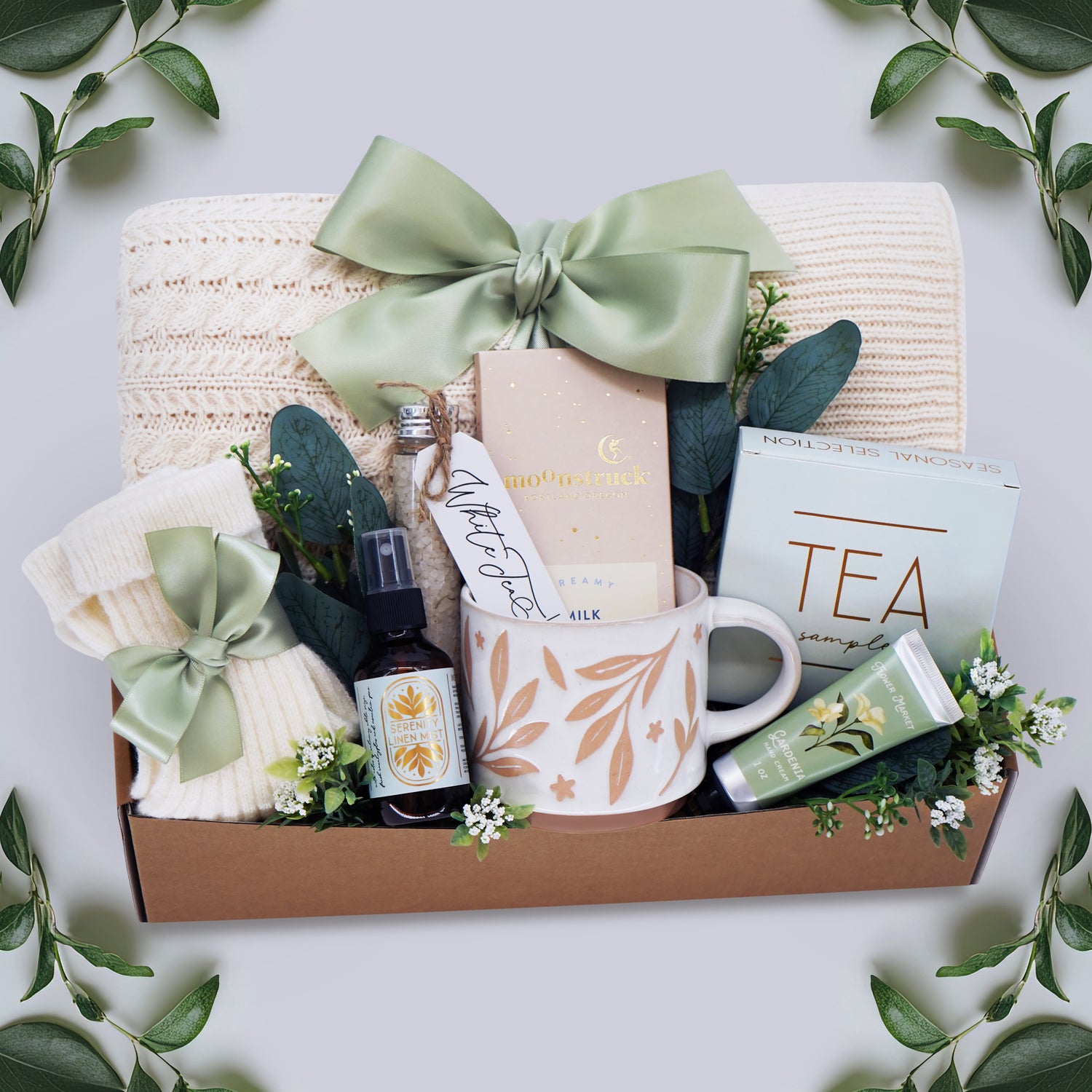 Sweet Sage Garden blanket gift box with cable knit throw, bath salts, tea and chocolate