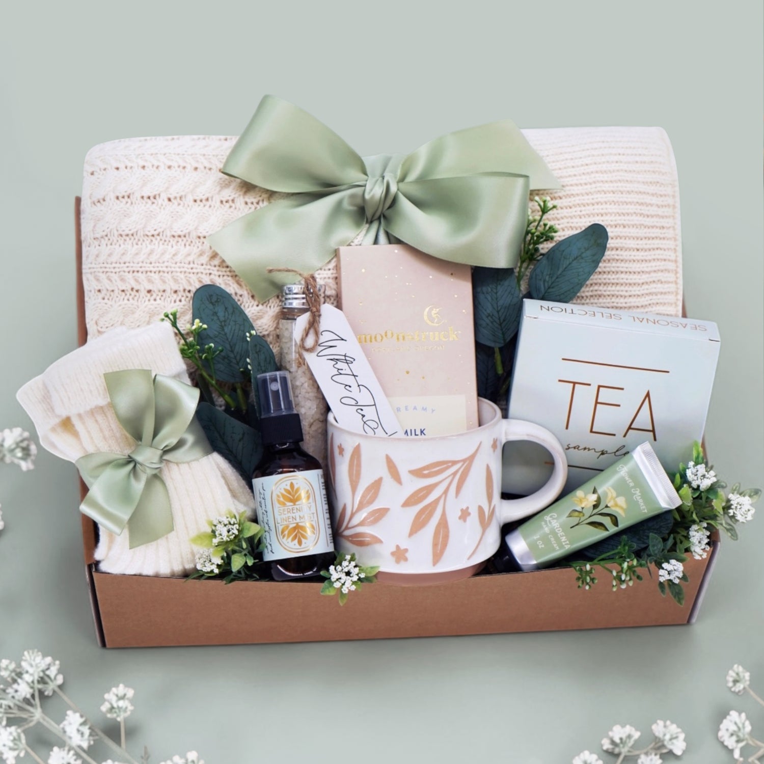Sweet Sage Garden blanket gift box with cable knit throw, bath salts, tea and chocolate