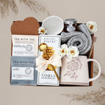 Tea for Mama by Wildflower Pop Mug Box comes with ceramic Mama mug, cookies, tea, heart coaster, mini honey and dipper, scallop trinket dish, cozy grey boot socks
