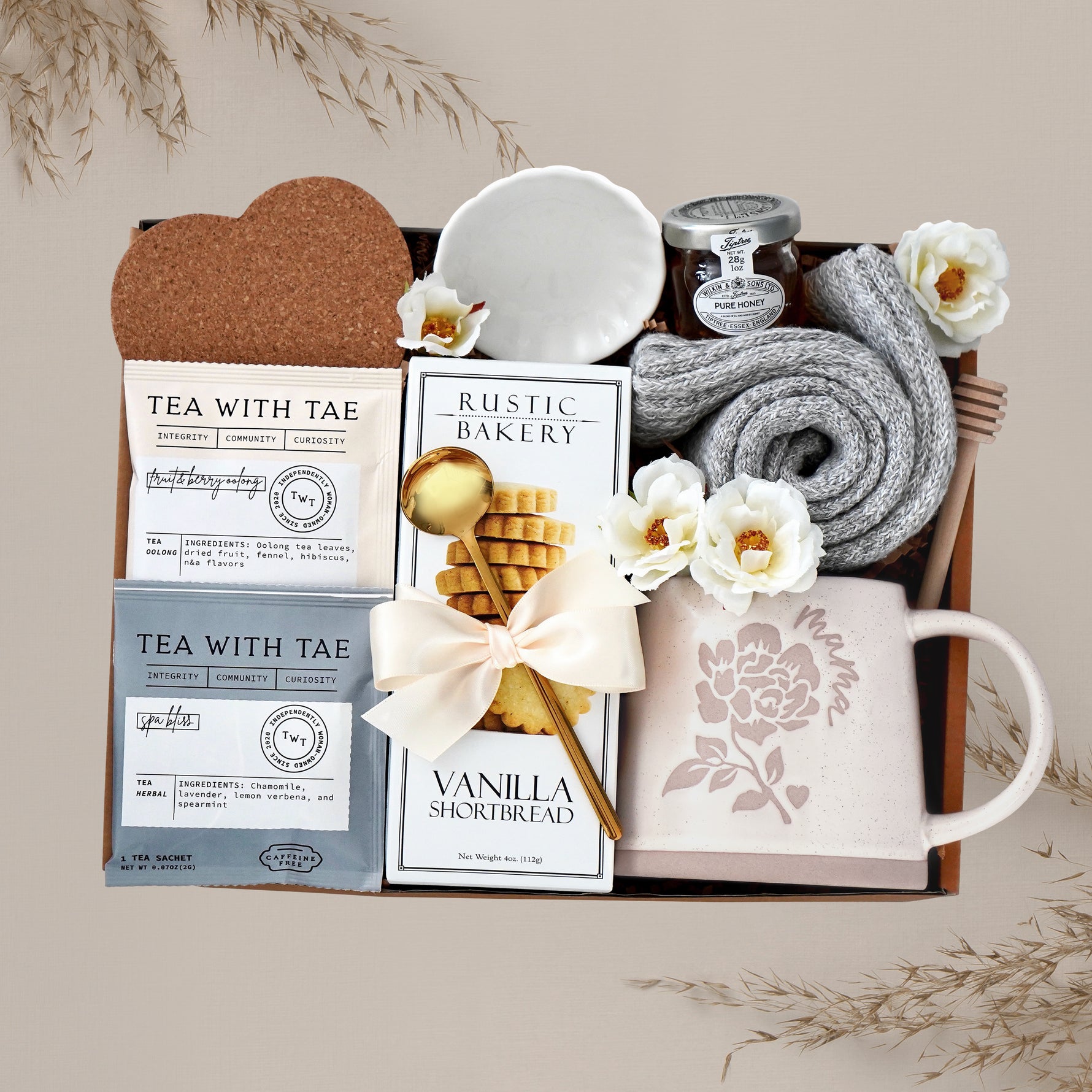 Tea for Mama by Wildflower Pop Mug Box comes with ceramic Mama mug, cookies, tea, heart coaster, mini honey and dipper, scallop trinket dish, cozy grey boot socks