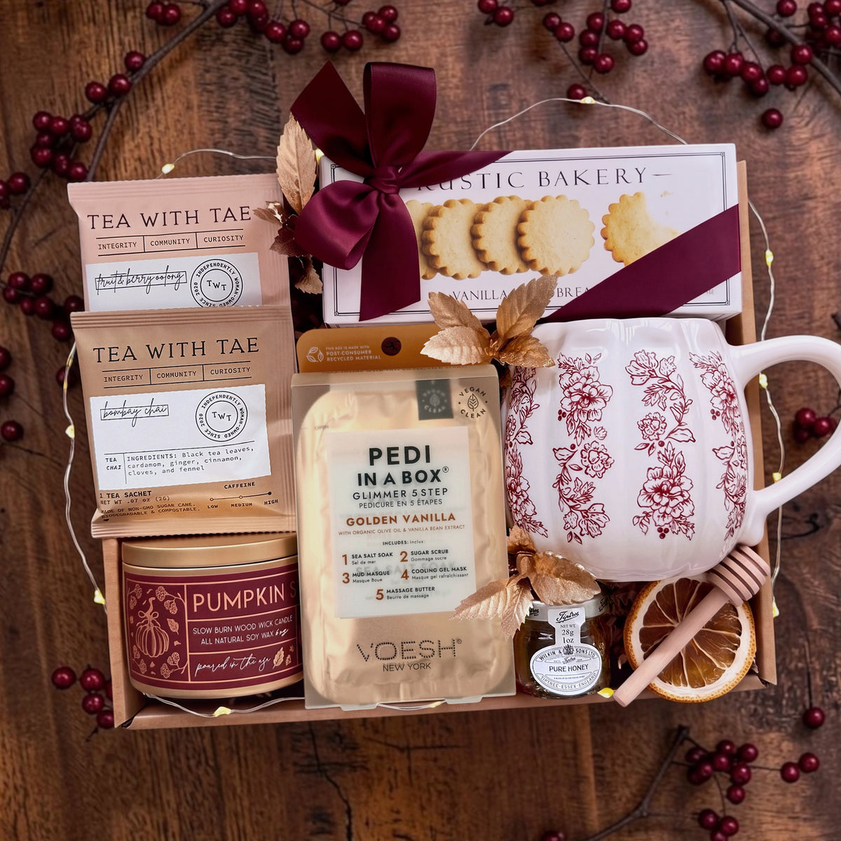 Toile Tea Tidings Gift Box | Fall Cranberry Floral Pumpkin Mug & Self Care