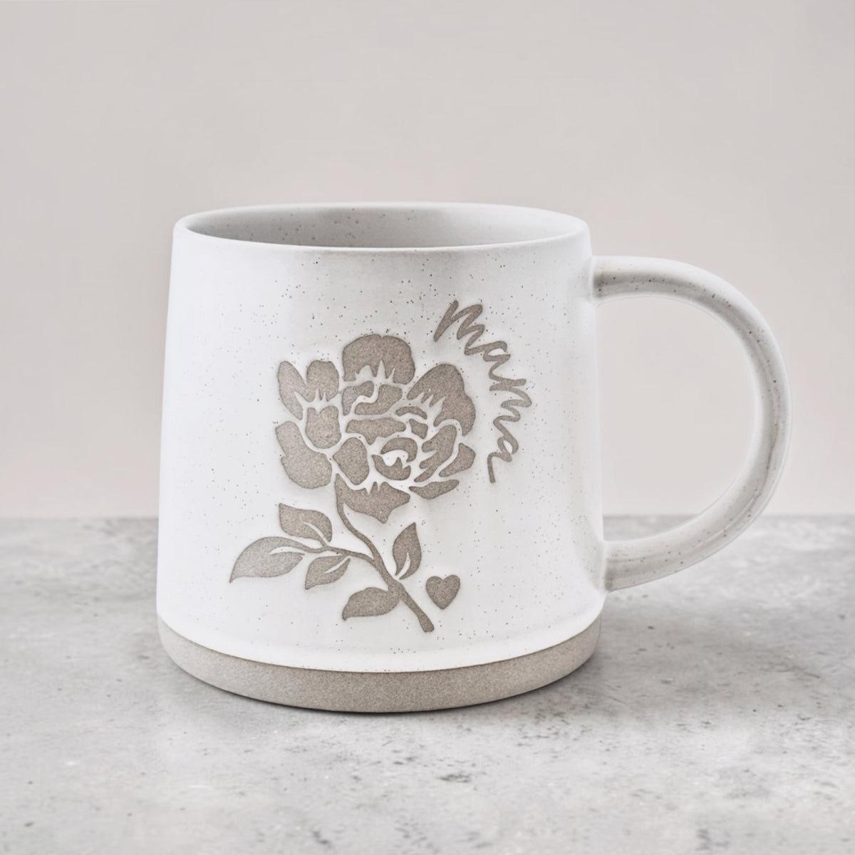 Our custom designed Mama mug with a peony and words: mama on both sides, 12oz dishwasher and microwave safe