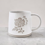 Our custom designed Mama mug with a peony and words: mama on both sides, 12oz dishwasher and microwave safe