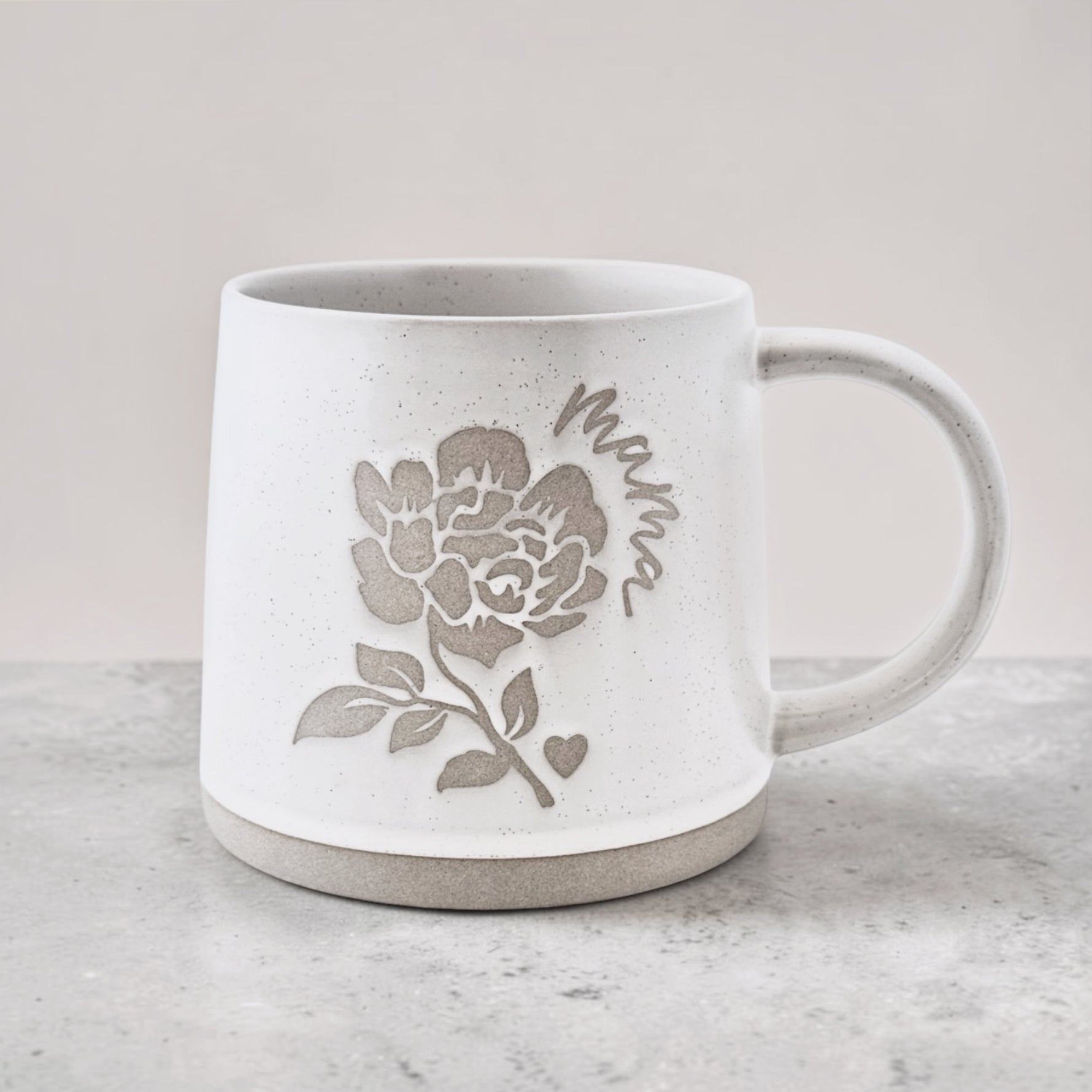 Our custom designed Mama mug with a peony and words: mama on both sides, 12oz dishwasher and microwave safe