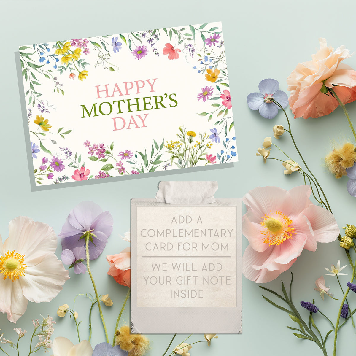 Mother's Day card with floral design and flowers on a light blue background