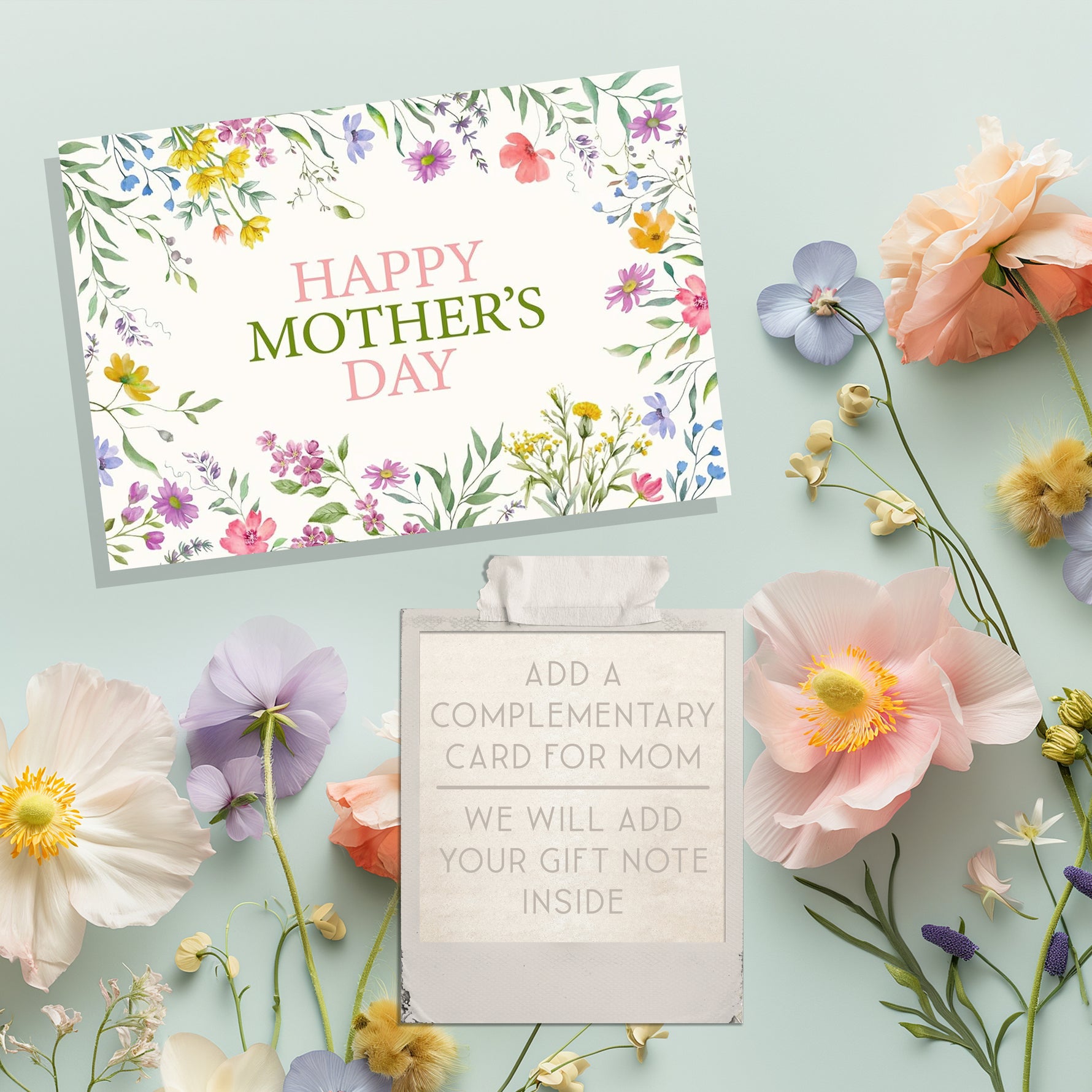 Mother's Day card with floral design and flowers on a light blue background