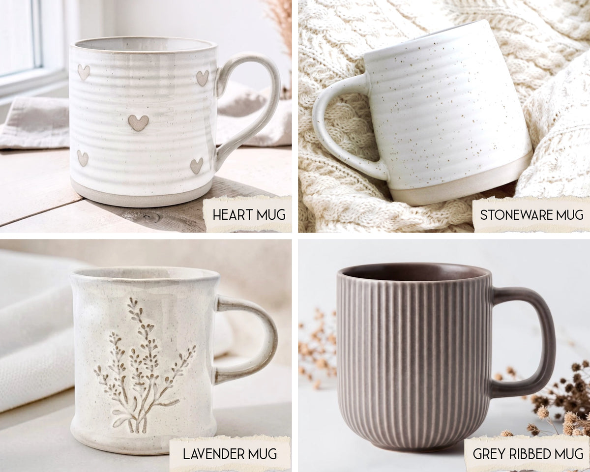 A 2x2 collage showing four ceramic mugs with labels: Heart Mug in white, Stoneware Mug in white, Lavender Mug in a light lavender tone, and Grey Ribbed Mug in a medium grey tone. Each mug is styled on a soft neutral surface with fabric or dried flowers in the background.