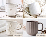 A 2x2 collage showing four ceramic mugs with labels: Heart Mug in white, Stoneware Mug in white, Lavender Mug in a light lavender tone, and Grey Ribbed Mug in a medium grey tone. Each mug is styled on a soft neutral surface with fabric or dried flowers in the background.