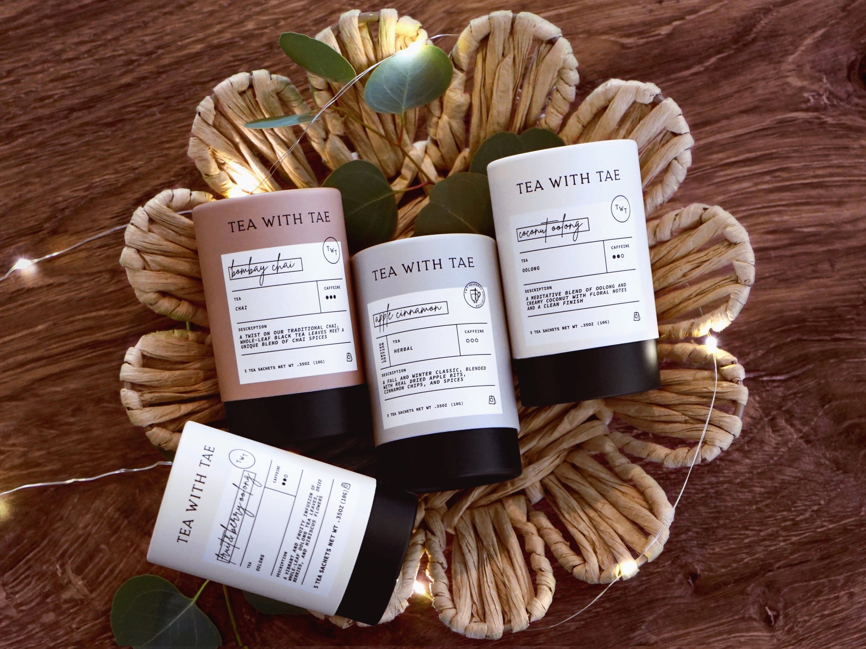 Tea with Tae tea tubes come with 5 tea bags. Flavors shown are fruit and berry oolong, Bombay chai, apple cinnamon, and coconut oolong