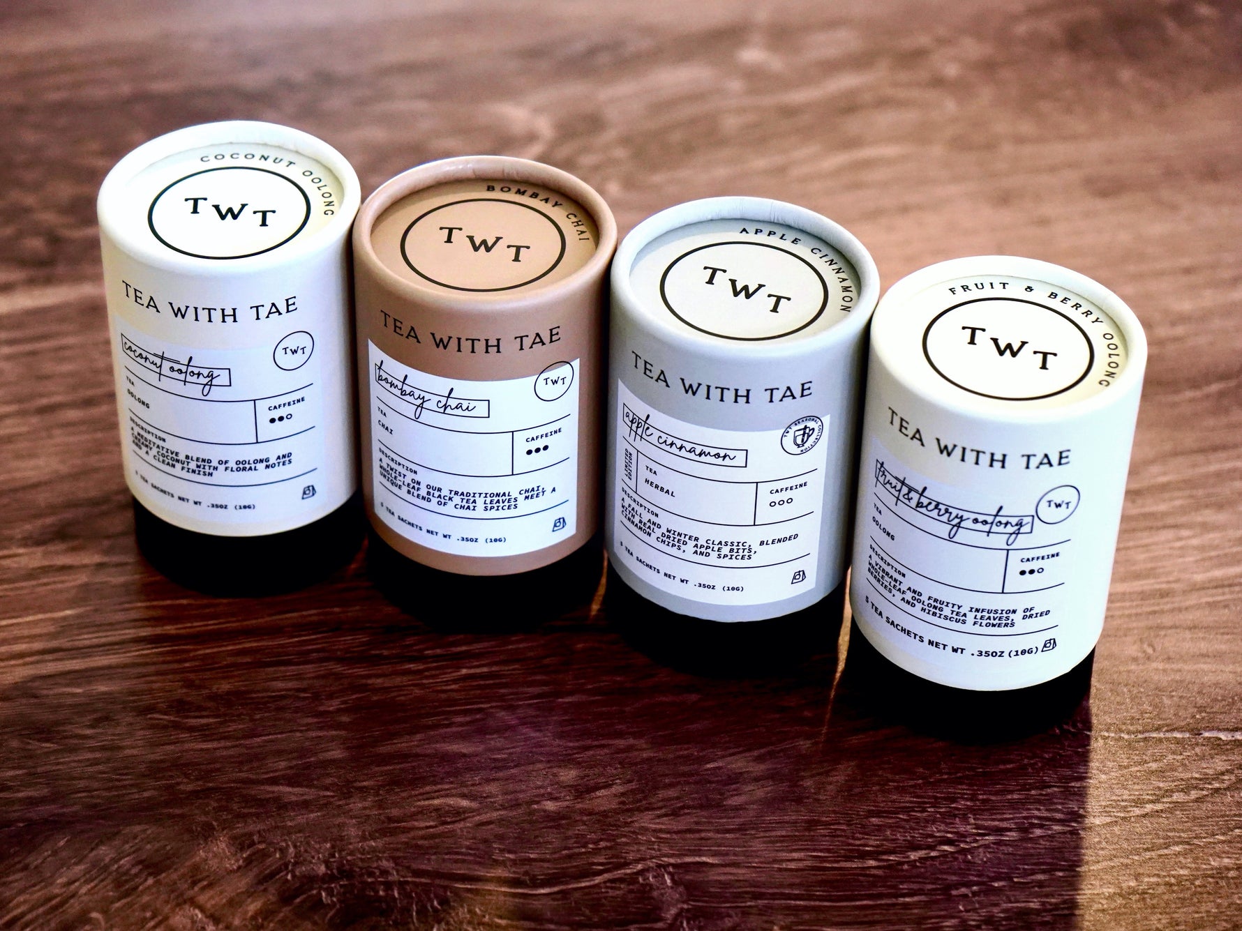 Tea with Tae tea tubes come with 5 tea bags. Flavors shown are coconut oolong, Bombay chai, apple cinnamon, and fruit and berry oolong
