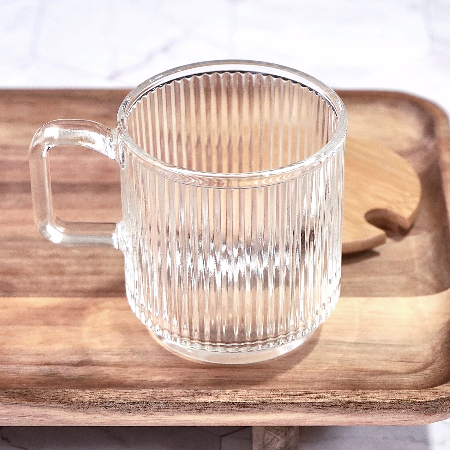 Ribbed Clear Glass Mug with Bamboo Lid | Aesthetic Coffee Cup | 12oz Minimalist Glass Mug