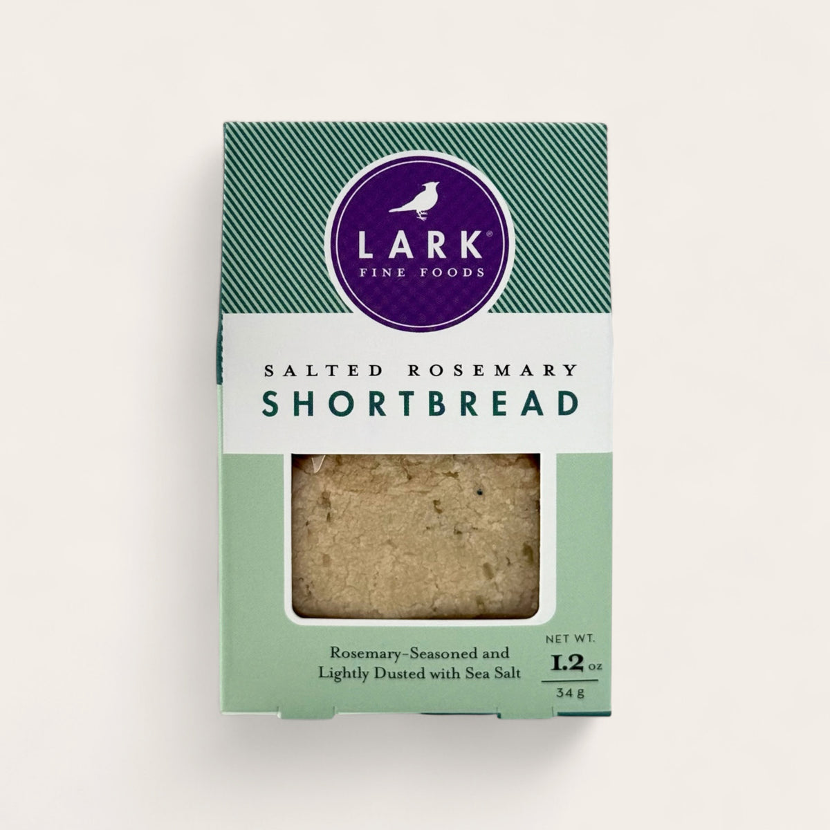 Package of Lark Fine Foods Salted Rosemary Shortbread on a white background.