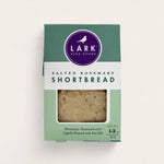 Package of Lark Fine Foods Salted Rosemary Shortbread on a white background.