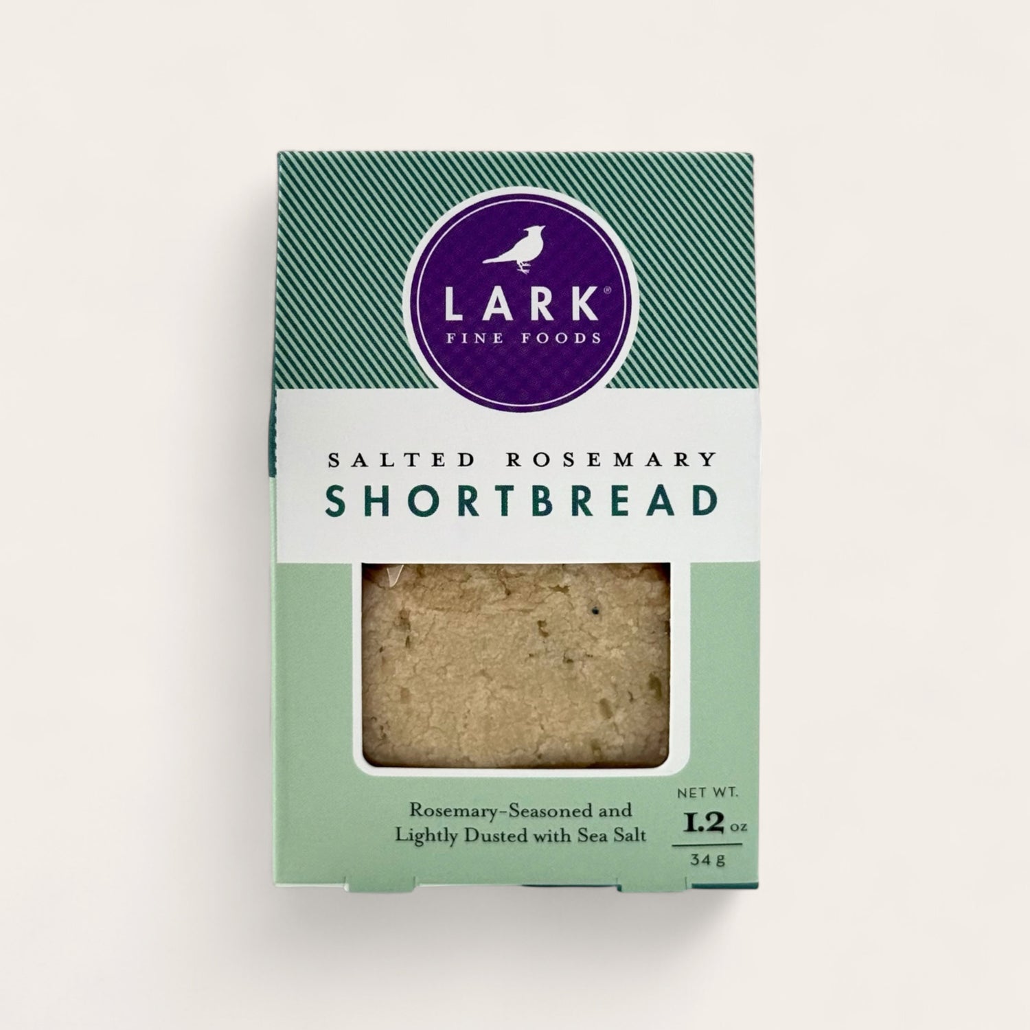 Package of Lark Fine Foods Salted Rosemary Shortbread on a white background.