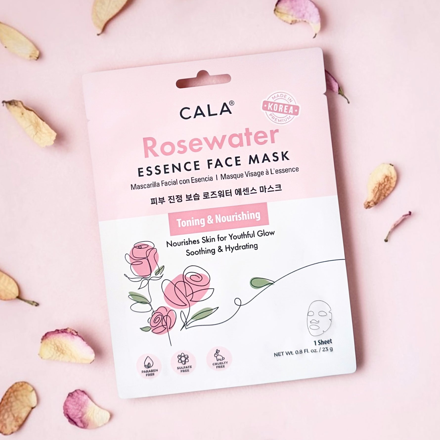 Cala Rosewater Essence Face Mask on light pink background.