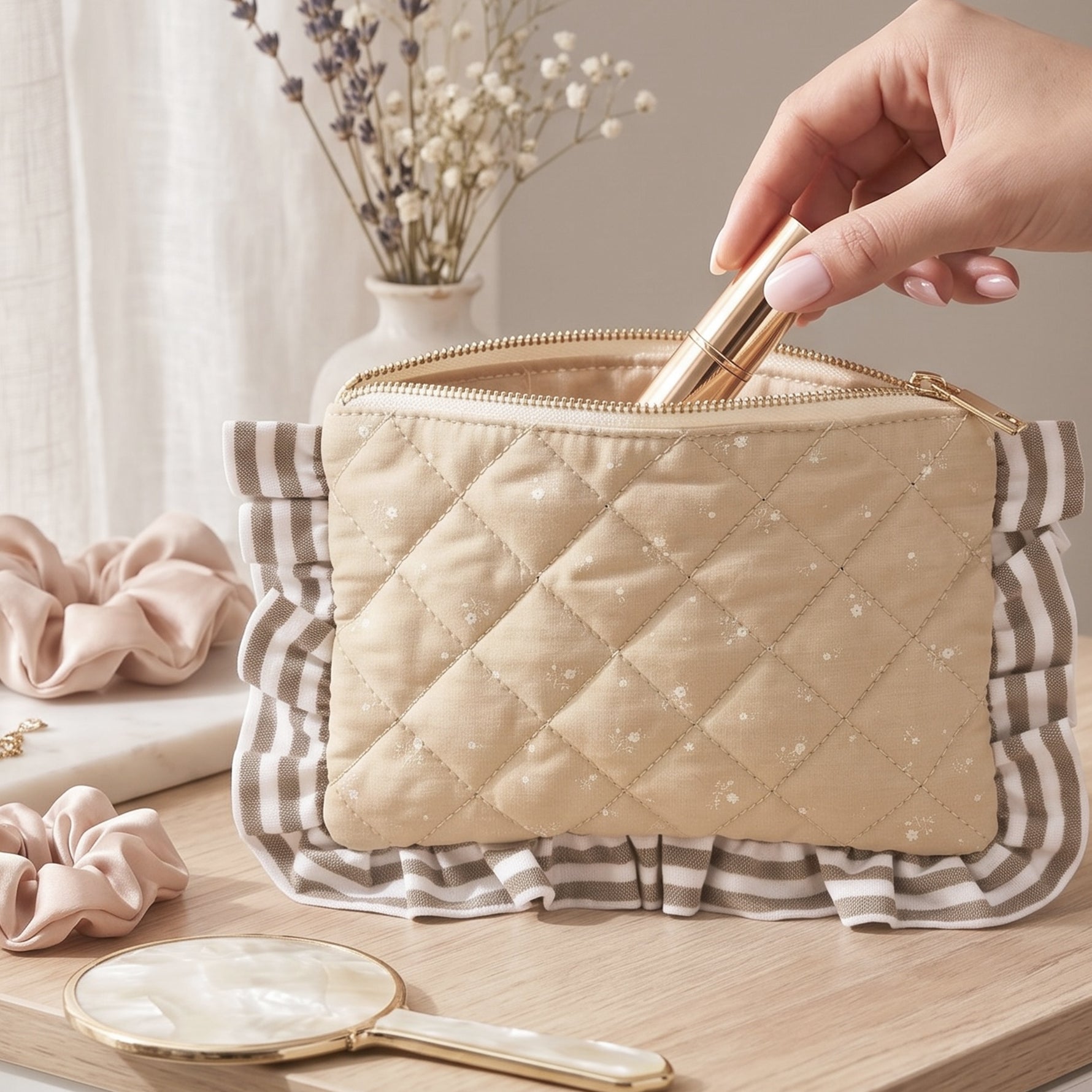 A beige quilted cosmetic pouch with a striped ruffled hem sits on a wooden table, with a hand placing a gold cosmetic tube into its zippered opening. 