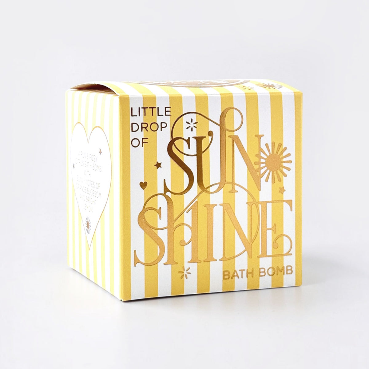 Bath bomb with yellow and white striped box with 'Little Drop of Sunshine' text on a light gray background