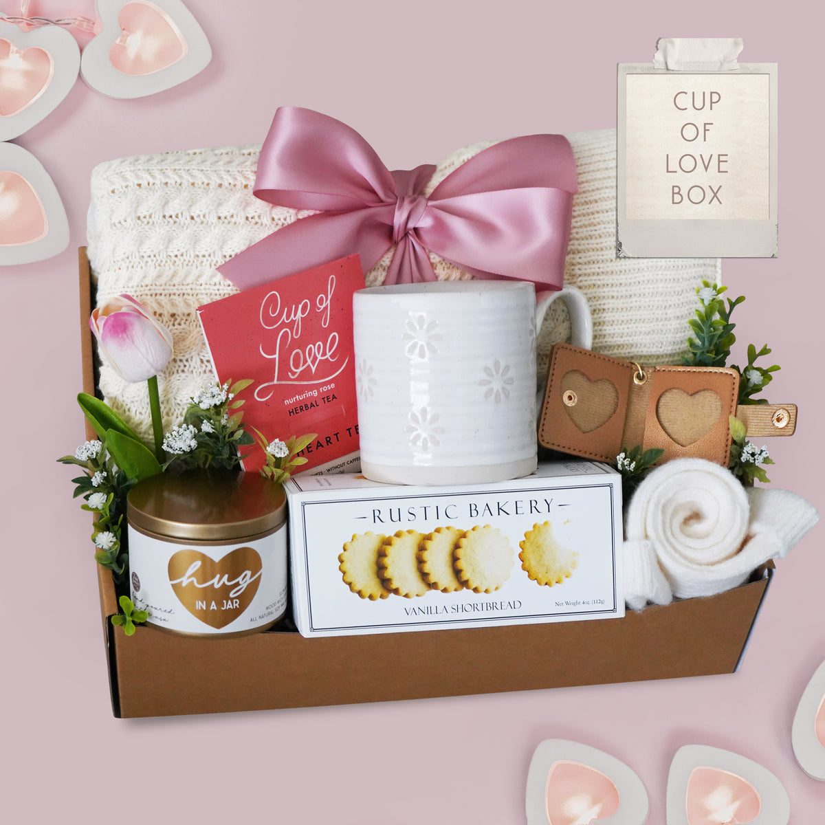 Luxury self care gift set for her with blanket, faux tulip, ceramic mug, tea sampler and sweet treats in neutral tones