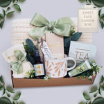 Sweet Sage Garden blanket gift box with cable knit throw, bath salts, tea and chocolate