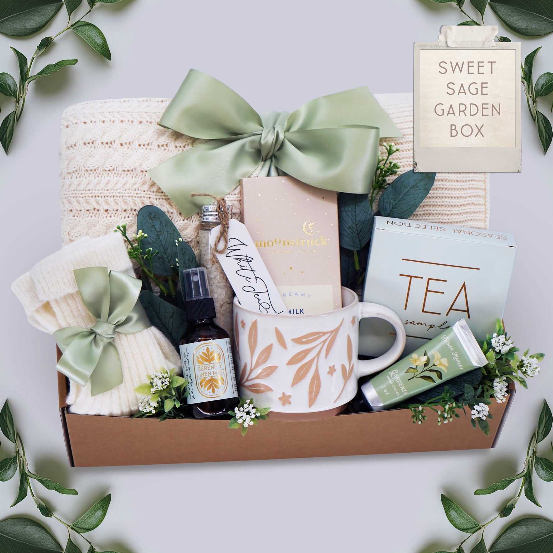 Sweet Sage Garden blanket gift box with cable knit throw, bath salts, tea and chocolate