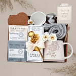 Tea for Mama by Wildflower Pop Mug Box comes with ceramic Mama mug, cookies, tea, heart coaster, mini honey and dipper, scallop trinket dish, cozy grey boot socks