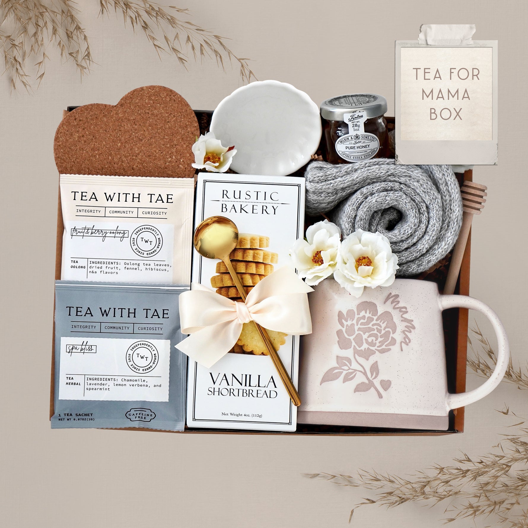 Tea for Mama by Wildflower Pop Mug Box comes with ceramic Mama mug, cookies, tea, heart coaster, mini honey and dipper, scallop trinket dish, cozy grey boot socks
