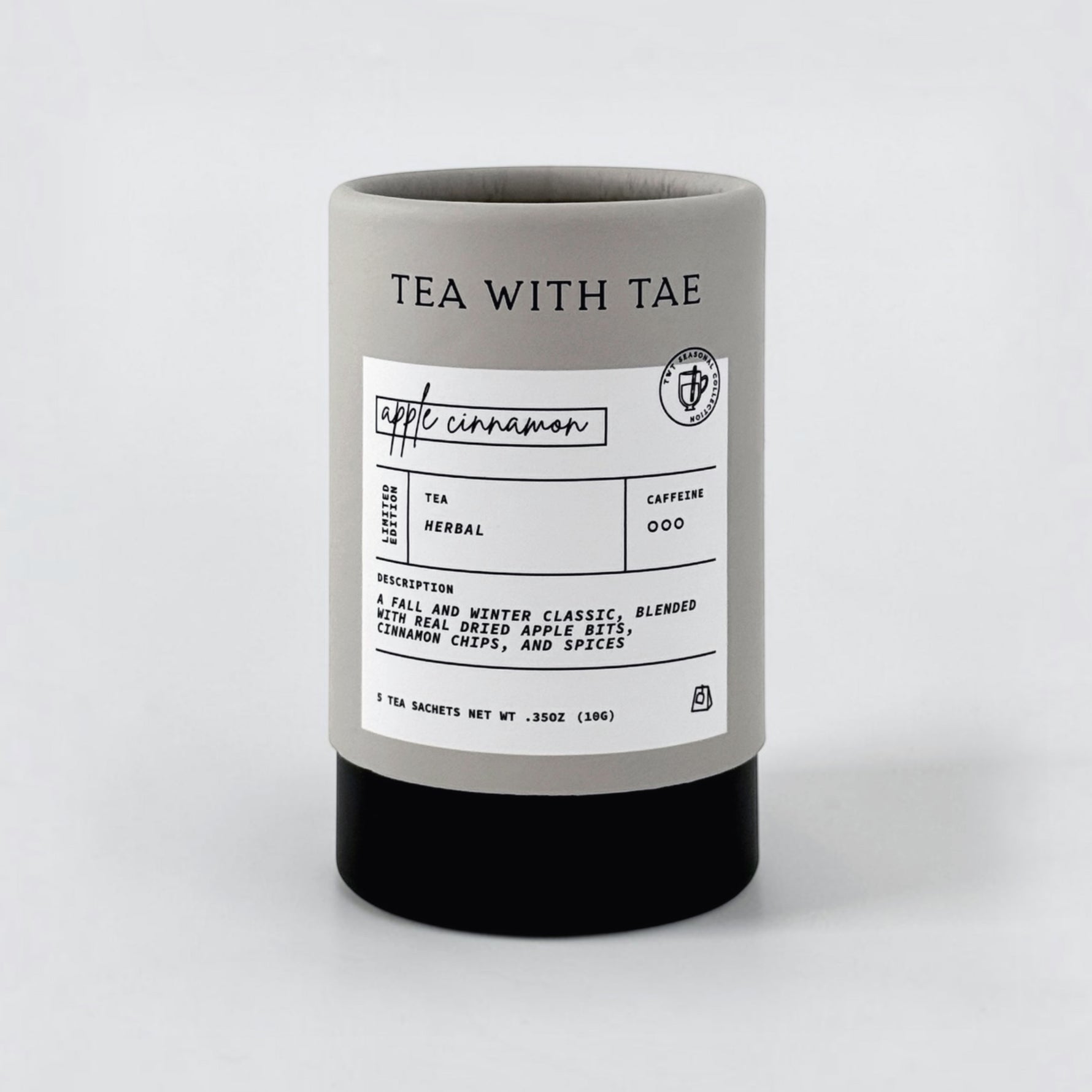 Apple cinnamon tea tube on grey background